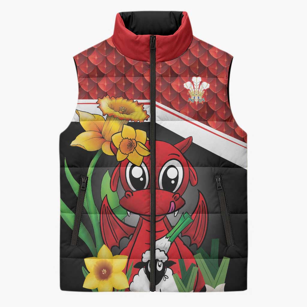 Saint David's Day Personalized Sleeveless Puffer Jacket Red Welsh Dragon Daffodil Sheep Leak - Wonder Print Shop