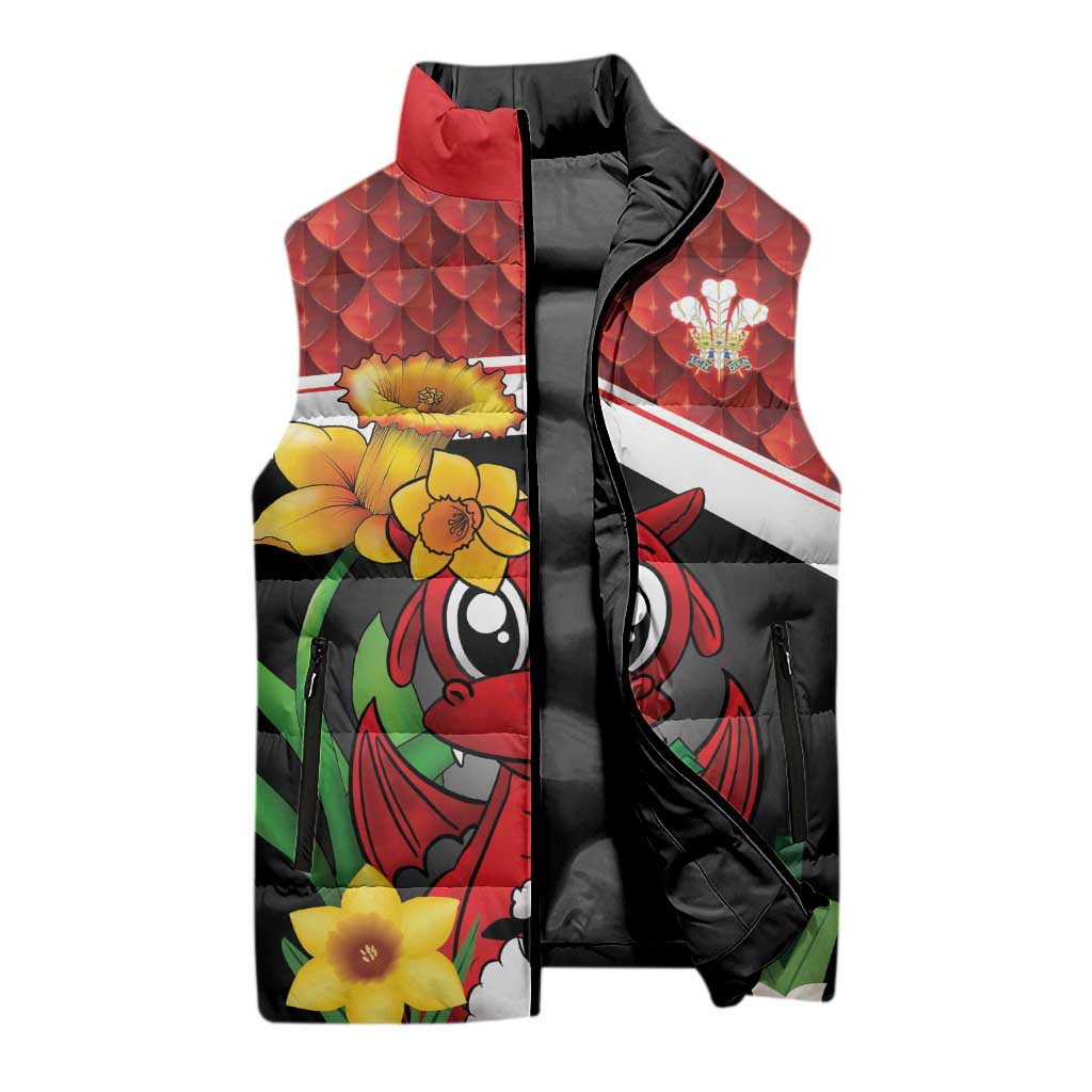 Saint David's Day Personalized Sleeveless Puffer Jacket Red Welsh Dragon Daffodil Sheep Leak - Wonder Print Shop