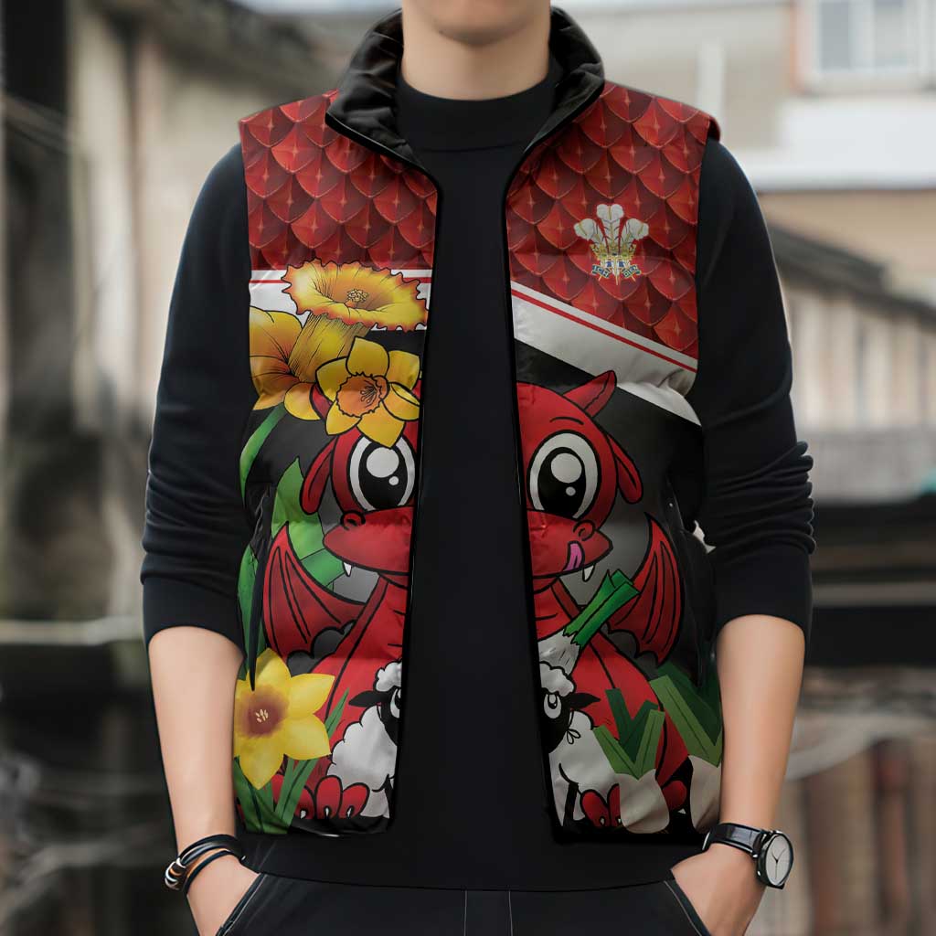 Saint David's Day Personalized Sleeveless Puffer Jacket Red Welsh Dragon Daffodil Sheep Leak - Wonder Print Shop