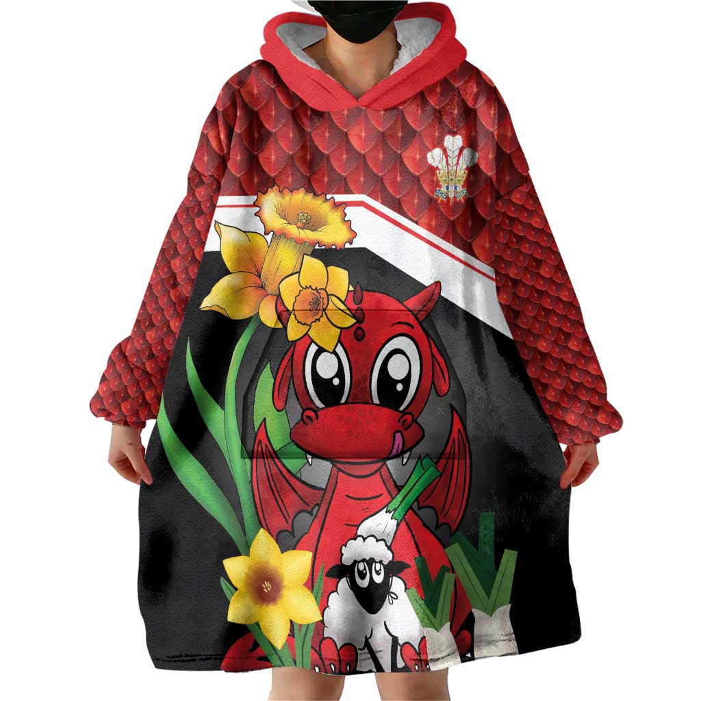 Saint David's Day Personalized Wearable Blanket Hoodie Red Welsh Dragon Daffodil Sheep Leak - Wonder Print Shop