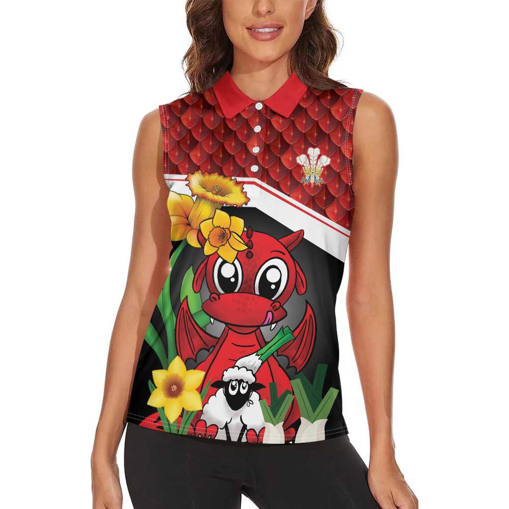 Saint David's Day Personalized Women Sleeveless Polo Shirt Red Welsh Dragon Daffodil Sheep Leak - Wonder Print Shop