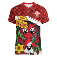 Saint David's Day Personalized Women V-Neck T-Shirt Red Welsh Dragon Daffodil Sheep Leak - Wonder Print Shop
