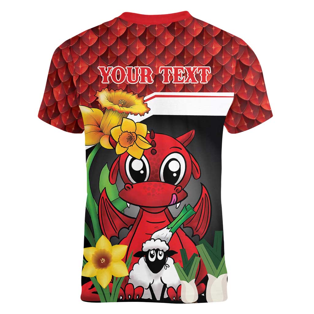 Saint David's Day Personalized Women V-Neck T-Shirt Red Welsh Dragon Daffodil Sheep Leak - Wonder Print Shop