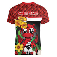 Saint David's Day Personalized Women V-Neck T-Shirt Red Welsh Dragon Daffodil Sheep Leak - Wonder Print Shop