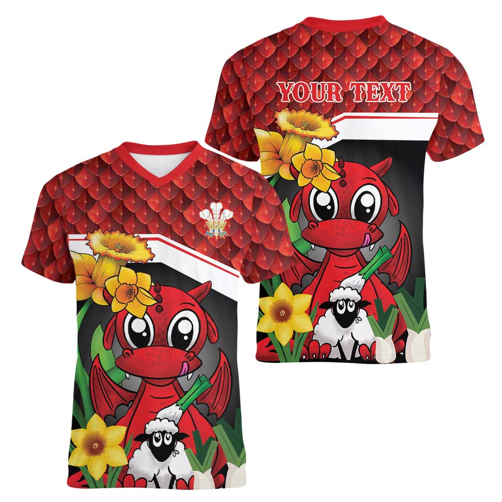 Saint David's Day Personalized Women V-Neck T-Shirt Red Welsh Dragon Daffodil Sheep Leak - Wonder Print Shop