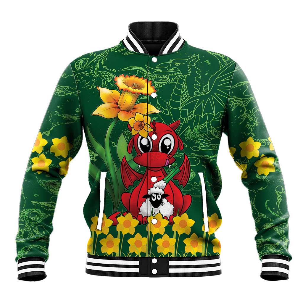 Saint David's Day Baseball Jacket Welsh Dragons Yellow Daffodils - Wonder Print Shop