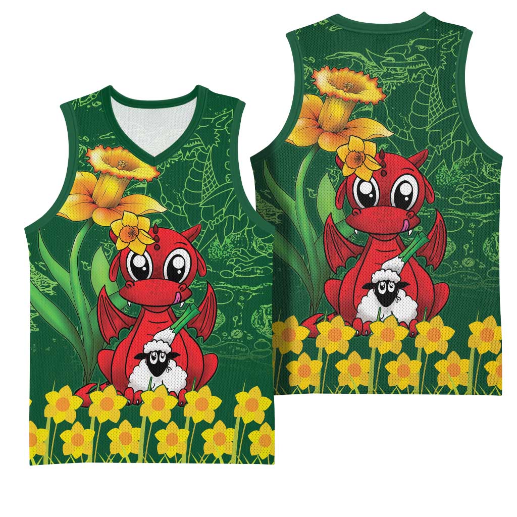 Saint David's Day Basketball Jersey Welsh Dragons Yellow Daffodils - Wonder Print Shop