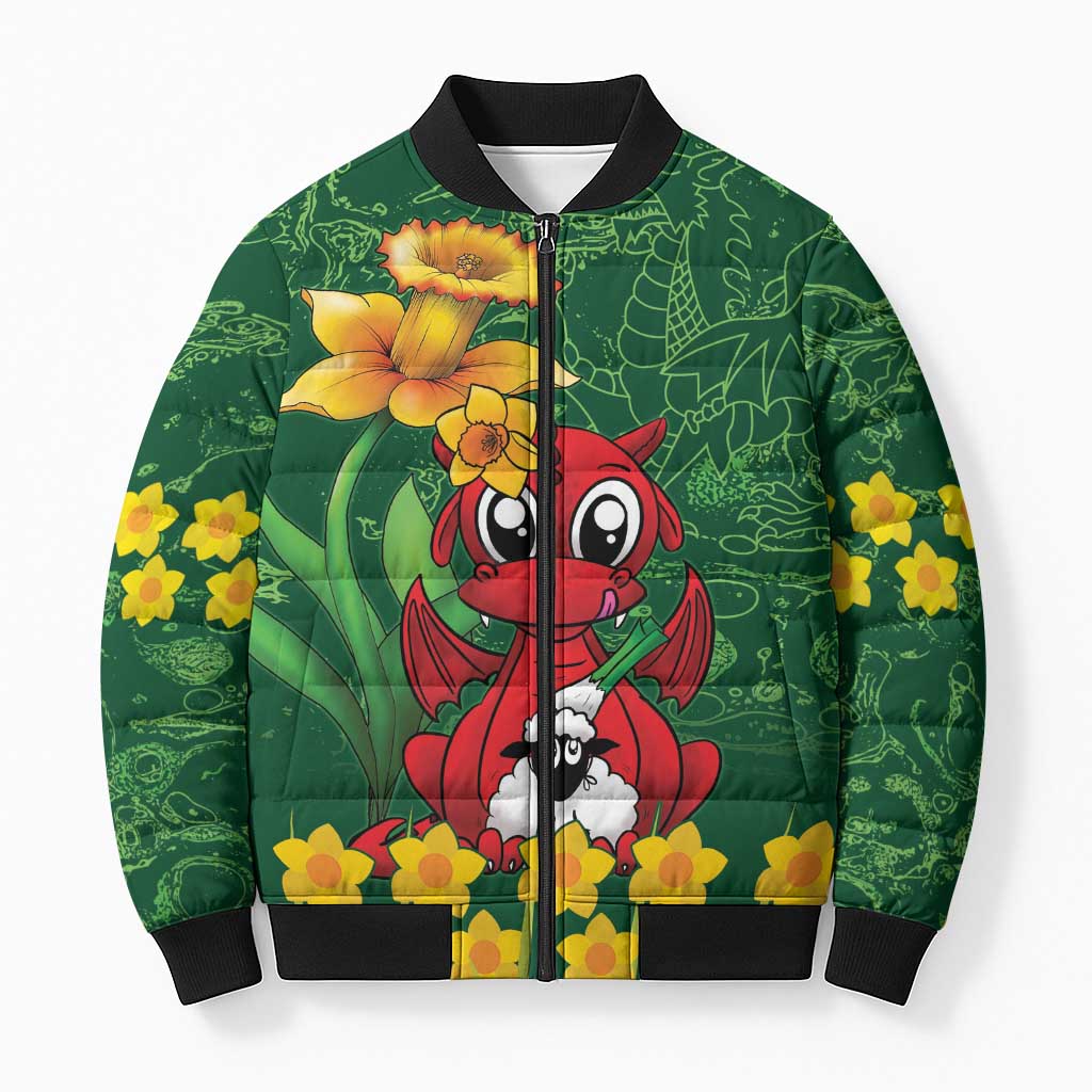 Saint David's Day Bomber Puffer Jacket Welsh Dragons Yellow Daffodils - Wonder Print Shop