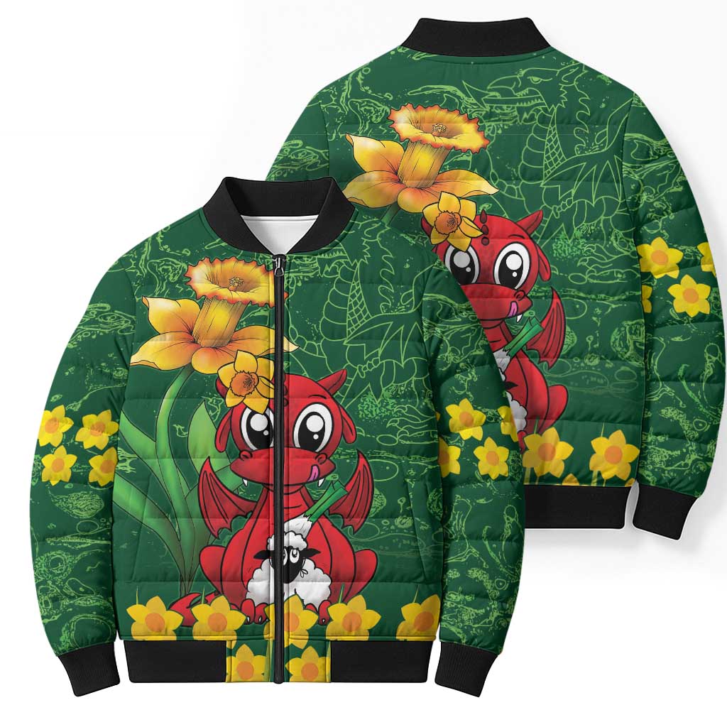 Saint David's Day Bomber Puffer Jacket Welsh Dragons Yellow Daffodils - Wonder Print Shop