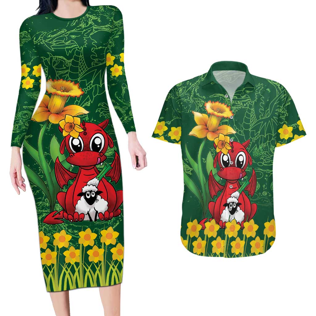 Saint David's Day Couples Matching Long Sleeve Bodycon Dress and Hawaiian Shirt Welsh Dragons Yellow Daffodils - Wonder Print Shop