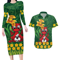 Saint David's Day Couples Matching Long Sleeve Bodycon Dress and Hawaiian Shirt Welsh Dragons Yellow Daffodils - Wonder Print Shop