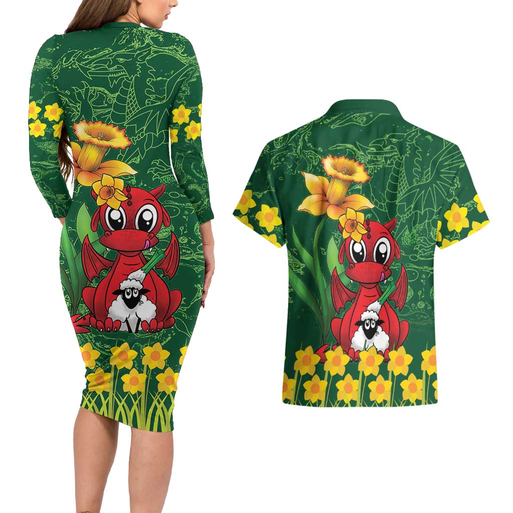 Saint David's Day Couples Matching Long Sleeve Bodycon Dress and Hawaiian Shirt Welsh Dragons Yellow Daffodils - Wonder Print Shop