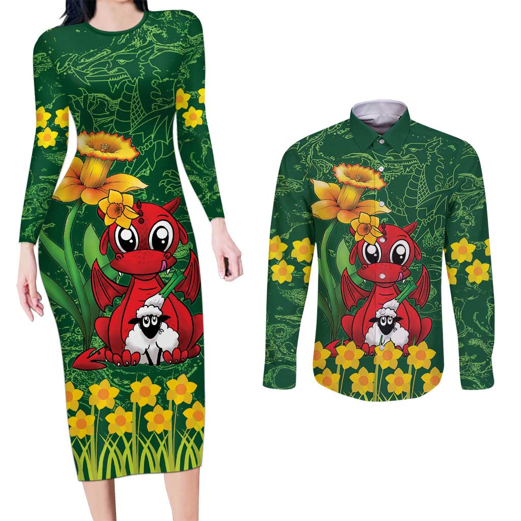 Saint David's Day Couples Matching Long Sleeve Bodycon Dress and Long Sleeve Button Shirt Welsh Dragons Yellow Daffodils - Wonder Print Shop