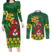 Saint David's Day Couples Matching Long Sleeve Bodycon Dress and Long Sleeve Button Shirt Welsh Dragons Yellow Daffodils - Wonder Print Shop