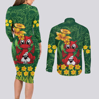 Saint David's Day Couples Matching Long Sleeve Bodycon Dress and Long Sleeve Button Shirt Welsh Dragons Yellow Daffodils - Wonder Print Shop