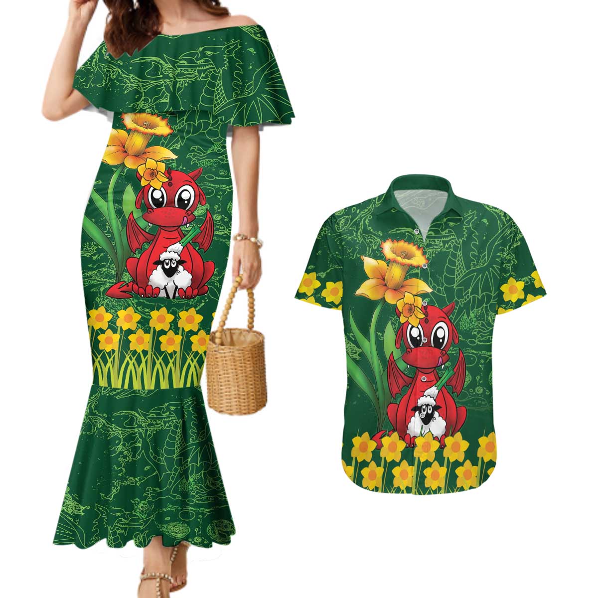 Saint David's Day Couples Matching Mermaid Dress and Hawaiian Shirt Welsh Dragons Yellow Daffodils - Wonder Print Shop