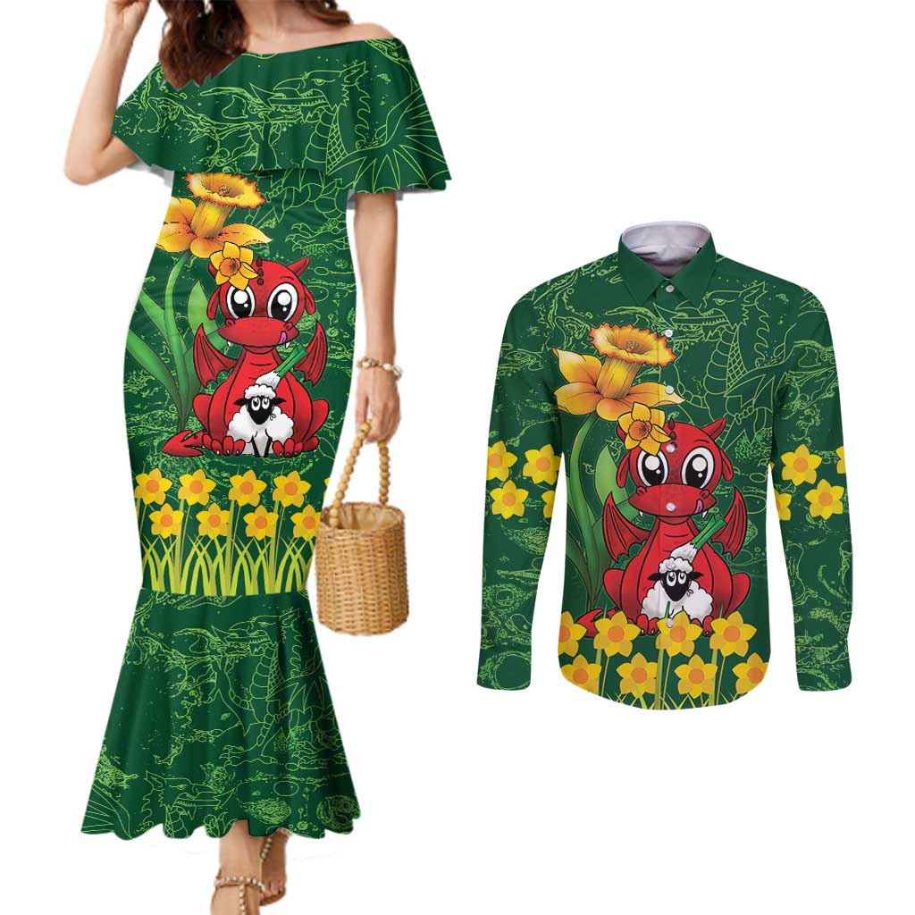 Saint David's Day Couples Matching Mermaid Dress and Long Sleeve Button Shirt Welsh Dragons Yellow Daffodils - Wonder Print Shop