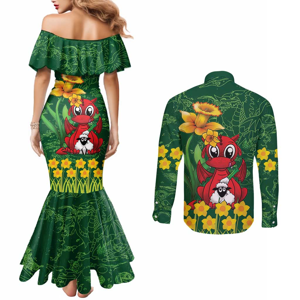 Saint David's Day Couples Matching Mermaid Dress and Long Sleeve Button Shirt Welsh Dragons Yellow Daffodils - Wonder Print Shop