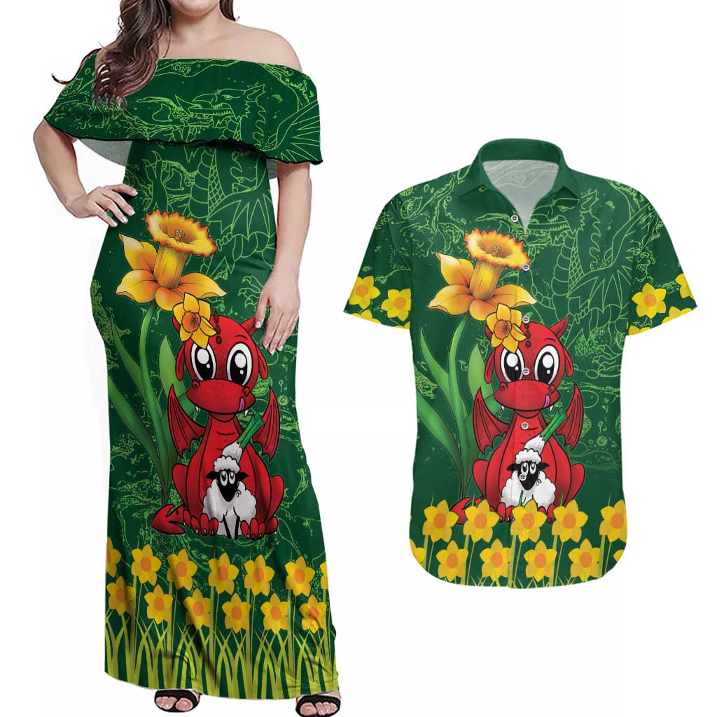 Saint David's Day Couples Matching Off Shoulder Maxi Dress and Hawaiian Shirt Welsh Dragons Yellow Daffodils - Wonder Print Shop