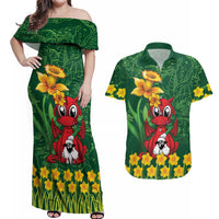 Saint David's Day Couples Matching Off Shoulder Maxi Dress and Hawaiian Shirt Welsh Dragons Yellow Daffodils - Wonder Print Shop