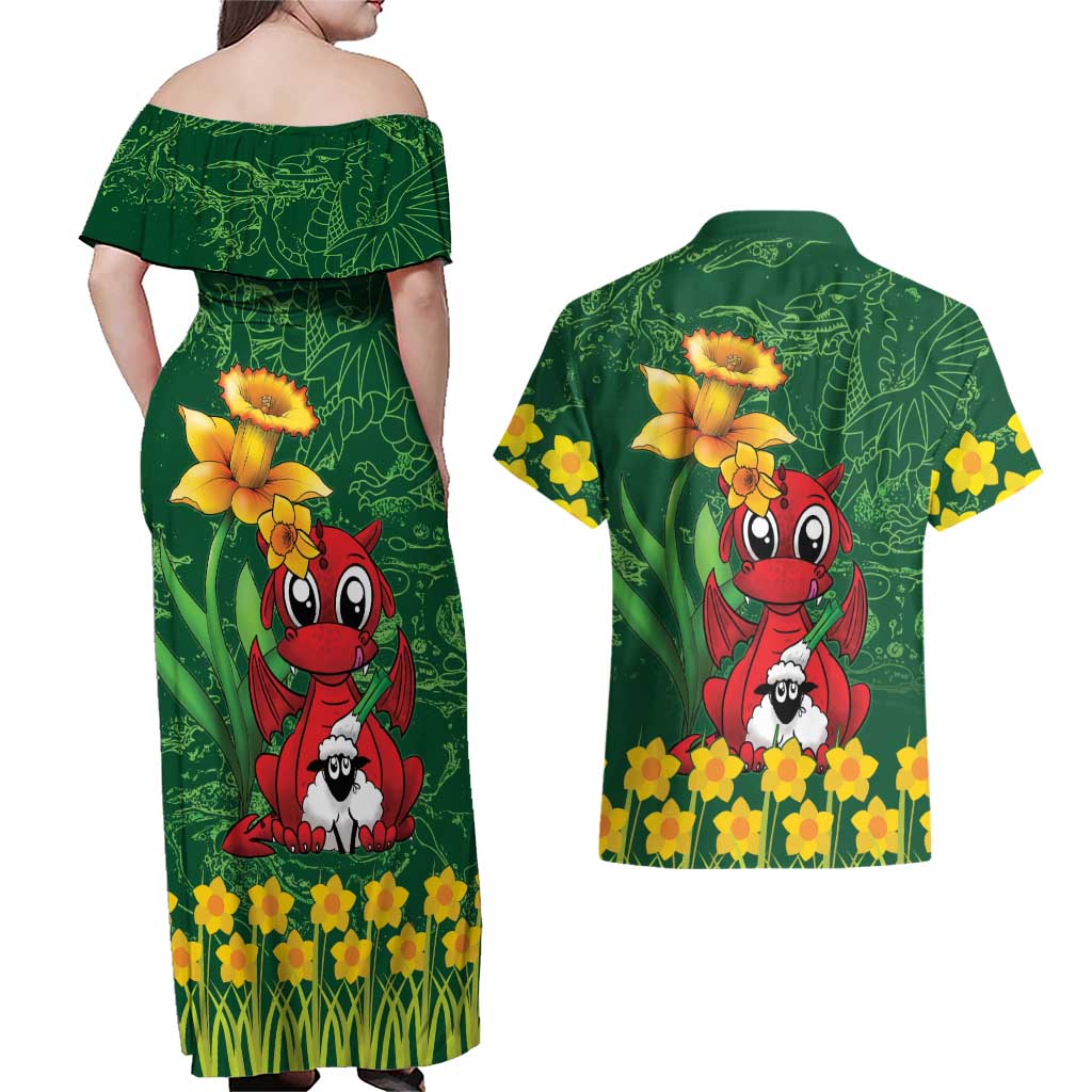Saint David's Day Couples Matching Off Shoulder Maxi Dress and Hawaiian Shirt Welsh Dragons Yellow Daffodils - Wonder Print Shop
