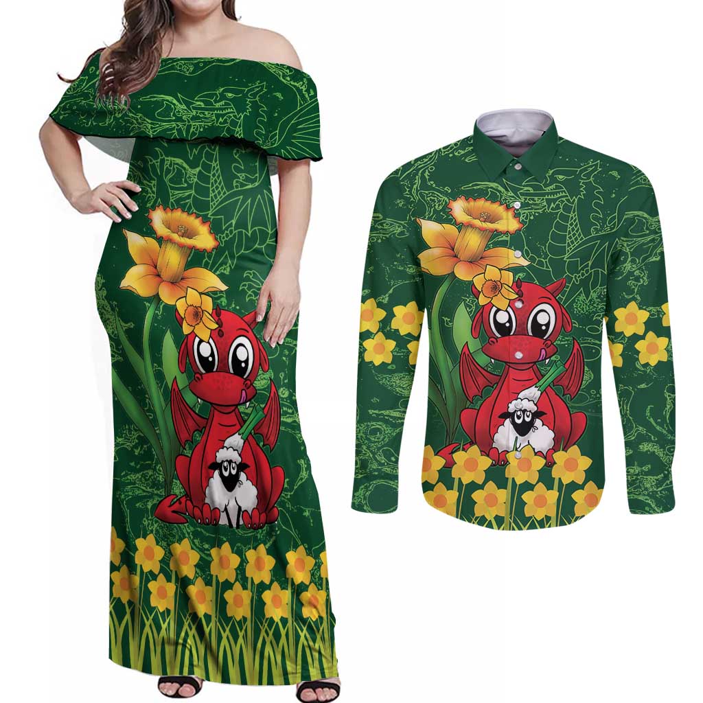 Saint David's Day Couples Matching Off Shoulder Maxi Dress and Long Sleeve Button Shirt Welsh Dragons Yellow Daffodils - Wonder Print Shop