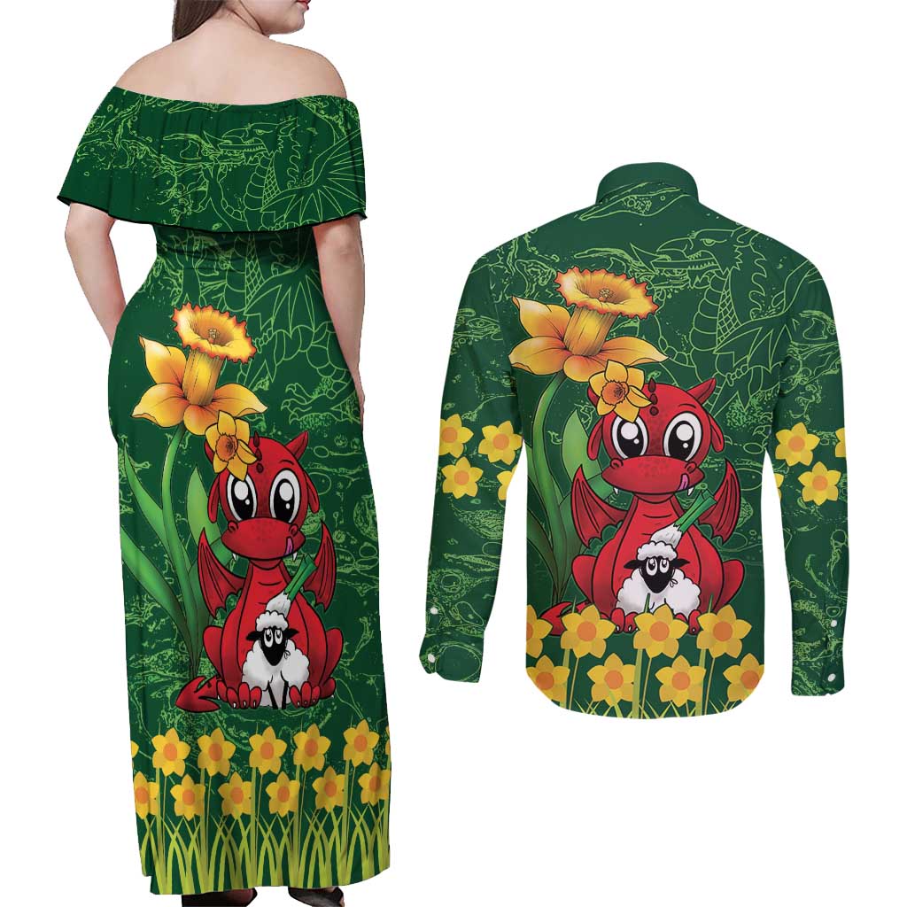 Saint David's Day Couples Matching Off Shoulder Maxi Dress and Long Sleeve Button Shirt Welsh Dragons Yellow Daffodils - Wonder Print Shop