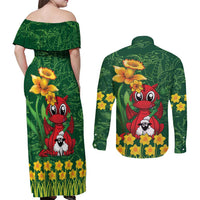 Saint David's Day Couples Matching Off Shoulder Maxi Dress and Long Sleeve Button Shirt Welsh Dragons Yellow Daffodils - Wonder Print Shop