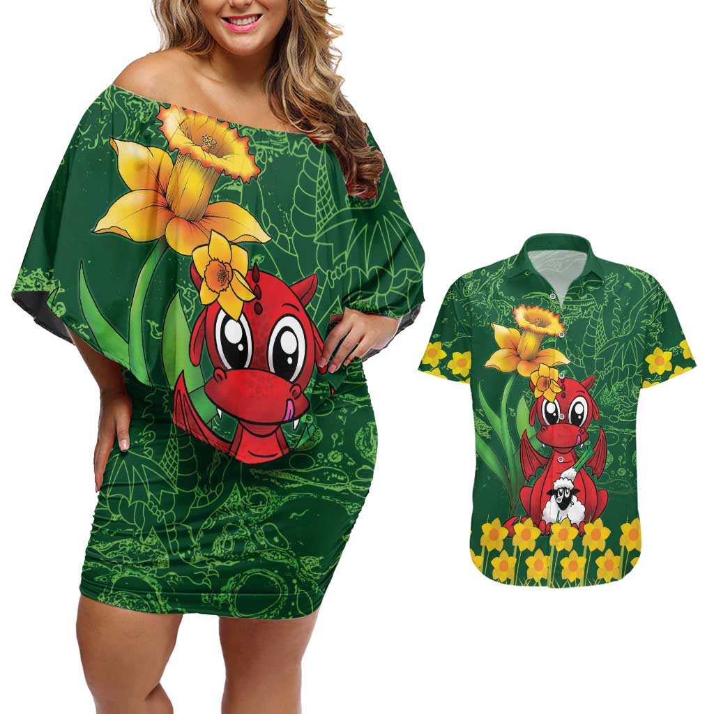 Saint David's Day Couples Matching Off Shoulder Short Dress and Hawaiian Shirt Welsh Dragons Yellow Daffodils - Wonder Print Shop