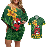 Saint David's Day Couples Matching Off Shoulder Short Dress and Hawaiian Shirt Welsh Dragons Yellow Daffodils - Wonder Print Shop