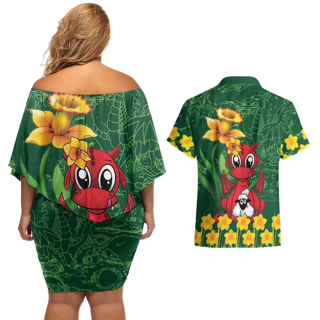 Saint David's Day Couples Matching Off Shoulder Short Dress and Hawaiian Shirt Welsh Dragons Yellow Daffodils - Wonder Print Shop