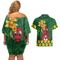 Saint David's Day Couples Matching Off Shoulder Short Dress and Hawaiian Shirt Welsh Dragons Yellow Daffodils - Wonder Print Shop