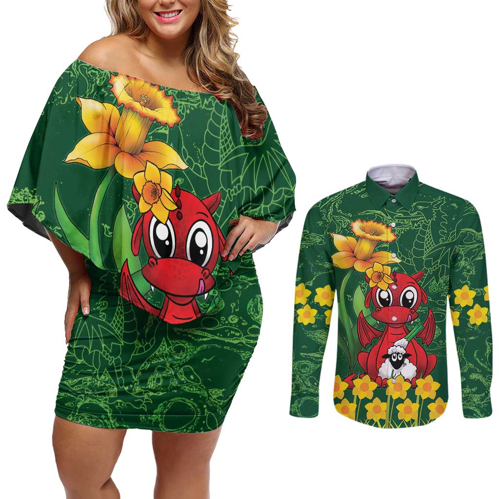 Saint David's Day Couples Matching Off Shoulder Short Dress and Long Sleeve Button Shirt Welsh Dragons Yellow Daffodils - Wonder Print Shop