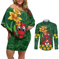 Saint David's Day Couples Matching Off Shoulder Short Dress and Long Sleeve Button Shirt Welsh Dragons Yellow Daffodils - Wonder Print Shop