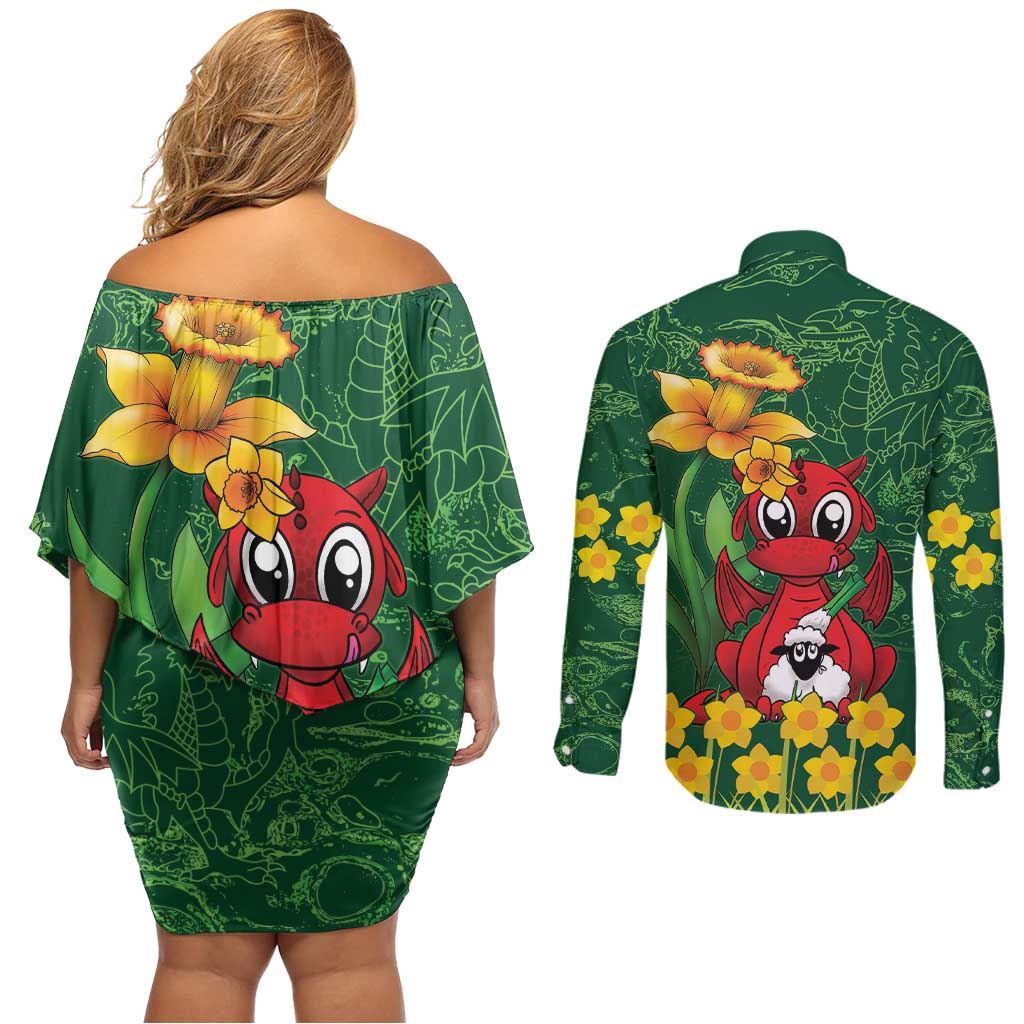 Saint David's Day Couples Matching Off Shoulder Short Dress and Long Sleeve Button Shirt Welsh Dragons Yellow Daffodils - Wonder Print Shop