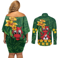 Saint David's Day Couples Matching Off Shoulder Short Dress and Long Sleeve Button Shirt Welsh Dragons Yellow Daffodils - Wonder Print Shop