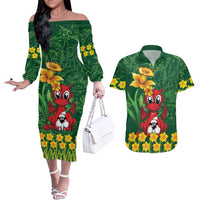 Saint David's Day Couples Matching Off The Shoulder Long Sleeve Dress and Hawaiian Shirt Welsh Dragons Yellow Daffodils - Wonder Print Shop
