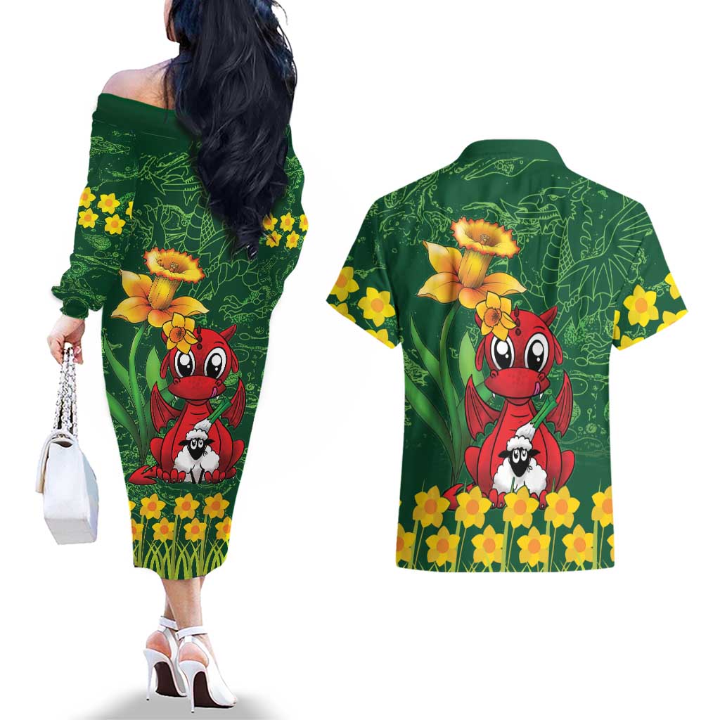 Saint David's Day Couples Matching Off The Shoulder Long Sleeve Dress and Hawaiian Shirt Welsh Dragons Yellow Daffodils - Wonder Print Shop