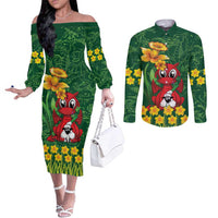 Saint David's Day Couples Matching Off The Shoulder Long Sleeve Dress and Long Sleeve Button Shirt Welsh Dragons Yellow Daffodils - Wonder Print Shop