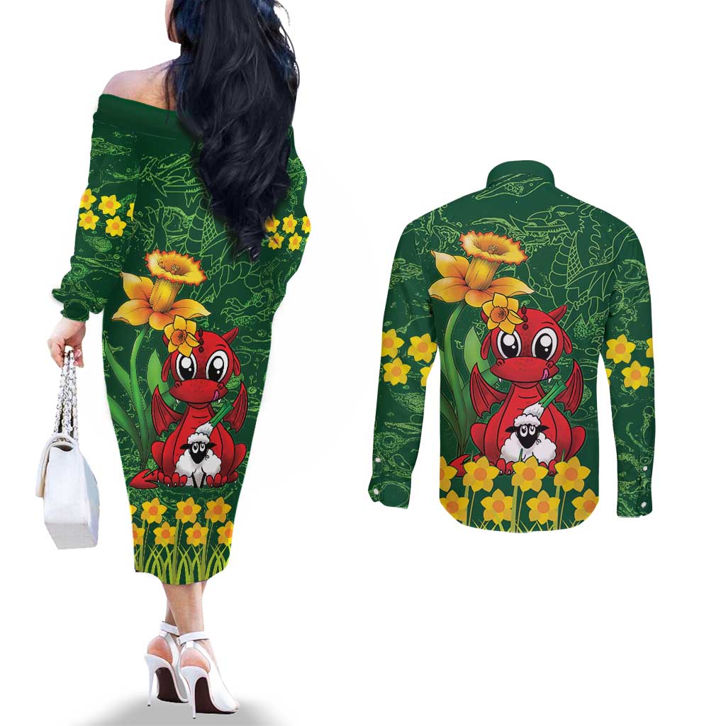 Saint David's Day Couples Matching Off The Shoulder Long Sleeve Dress and Long Sleeve Button Shirt Welsh Dragons Yellow Daffodils - Wonder Print Shop