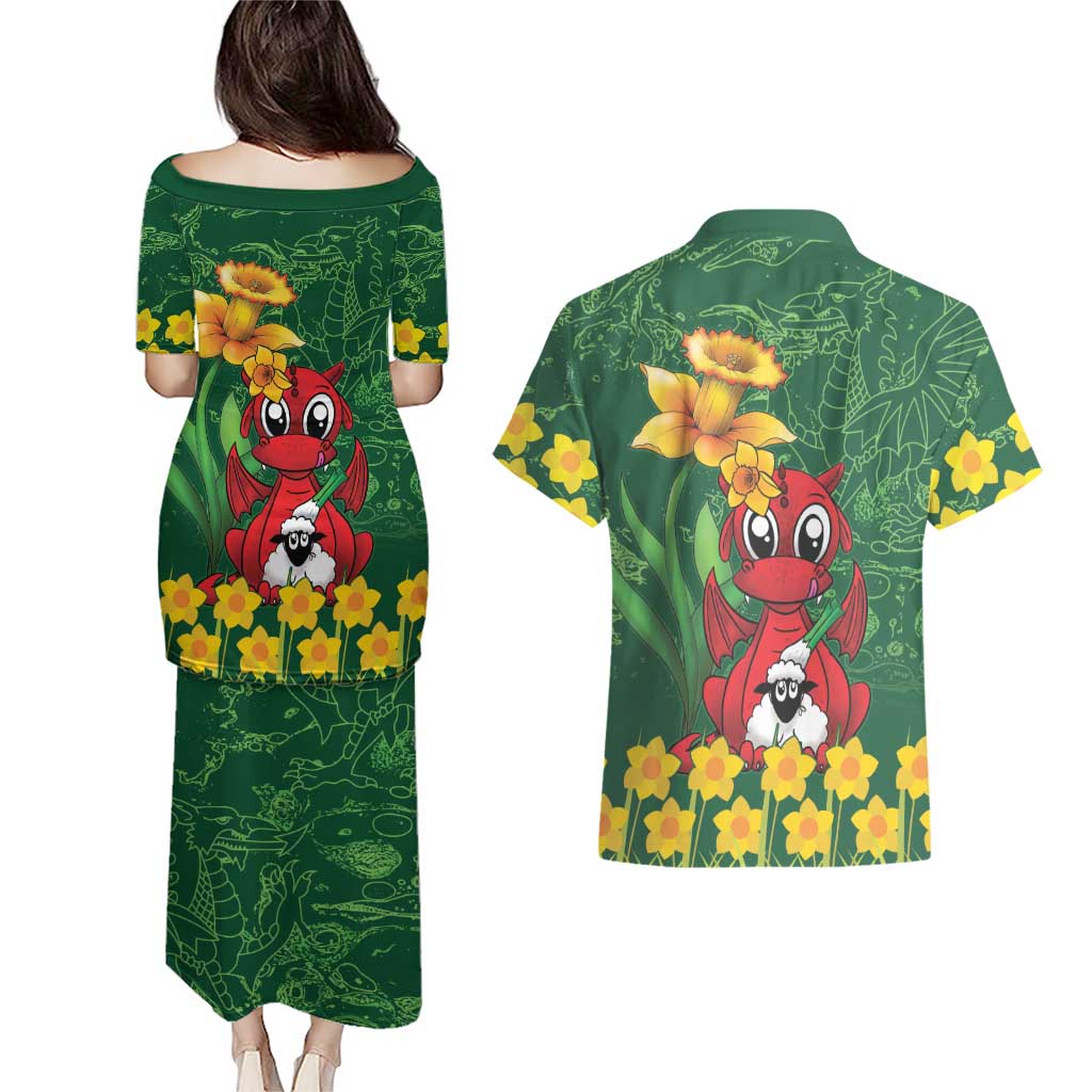 Saint David's Day Couples Matching Puletasi and Hawaiian Shirt Welsh Dragons Yellow Daffodils - Wonder Print Shop