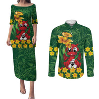 Saint David's Day Couples Matching Puletasi and Long Sleeve Button Shirt Welsh Dragons Yellow Daffodils - Wonder Print Shop