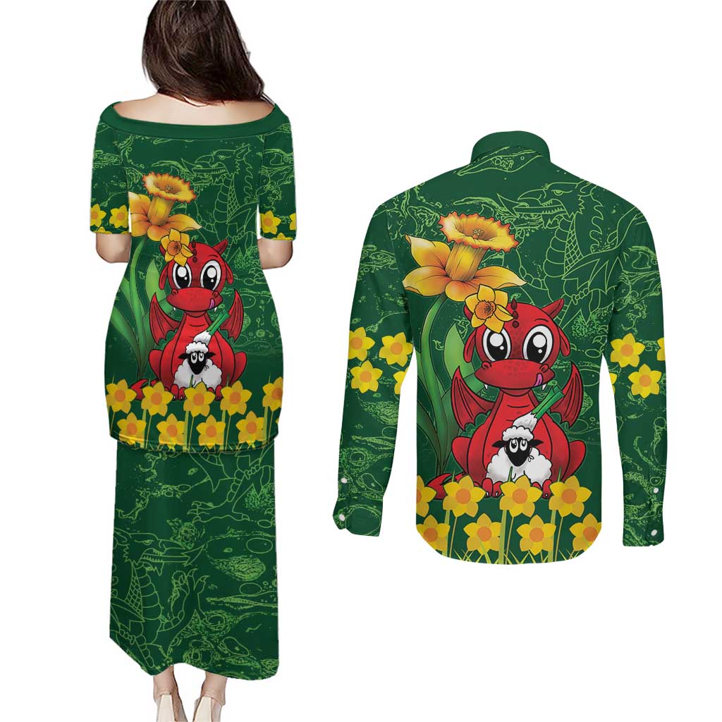 Saint David's Day Couples Matching Puletasi and Long Sleeve Button Shirt Welsh Dragons Yellow Daffodils - Wonder Print Shop
