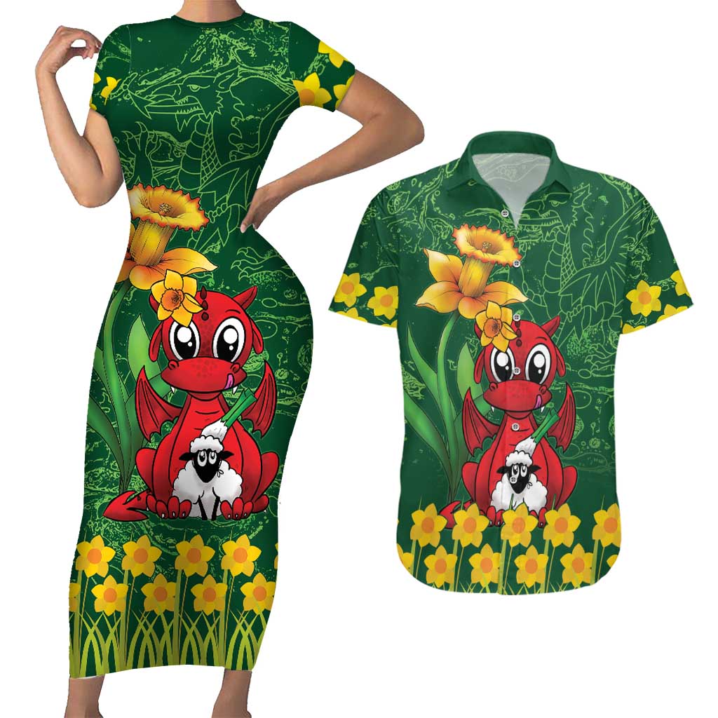 Saint David's Day Couples Matching Short Sleeve Bodycon Dress and Hawaiian Shirt Welsh Dragons Yellow Daffodils - Wonder Print Shop