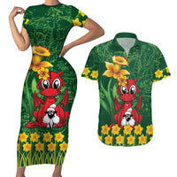 Saint David's Day Couples Matching Short Sleeve Bodycon Dress and Hawaiian Shirt Welsh Dragons Yellow Daffodils - Wonder Print Shop