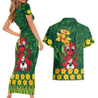 Saint David's Day Couples Matching Short Sleeve Bodycon Dress and Hawaiian Shirt Welsh Dragons Yellow Daffodils - Wonder Print Shop