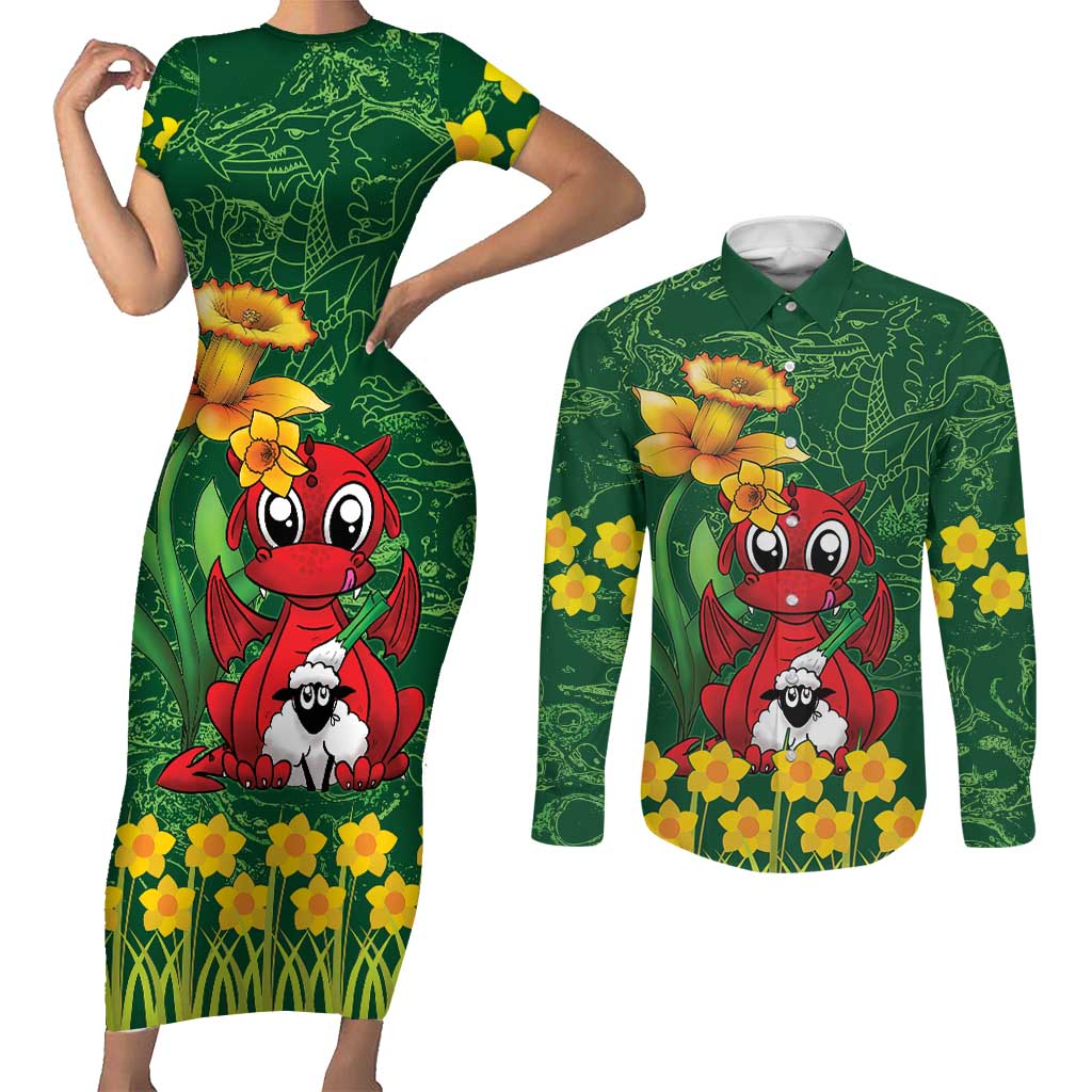 Saint David's Day Couples Matching Short Sleeve Bodycon Dress and Long Sleeve Button Shirt Welsh Dragons Yellow Daffodils - Wonder Print Shop