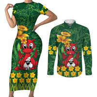 Saint David's Day Couples Matching Short Sleeve Bodycon Dress and Long Sleeve Button Shirt Welsh Dragons Yellow Daffodils - Wonder Print Shop