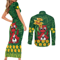 Saint David's Day Couples Matching Short Sleeve Bodycon Dress and Long Sleeve Button Shirt Welsh Dragons Yellow Daffodils - Wonder Print Shop