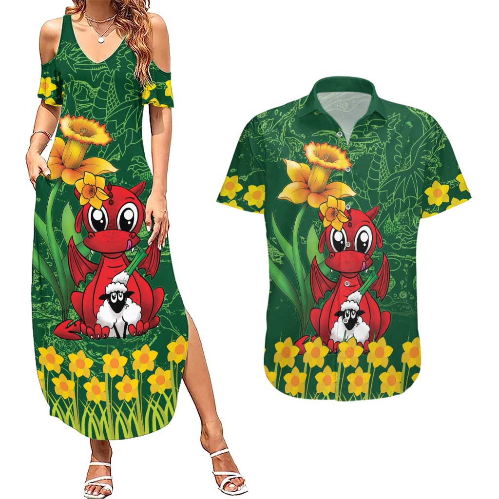 Saint David's Day Couples Matching Summer Maxi Dress and Hawaiian Shirt Welsh Dragons Yellow Daffodils - Wonder Print Shop